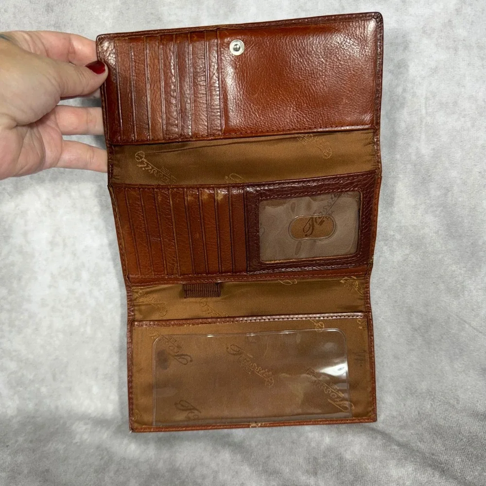 Vtg 90s Y2K Fossil Brown Leather Trifold Wallet Checkbook Holder Contrast Stitch
